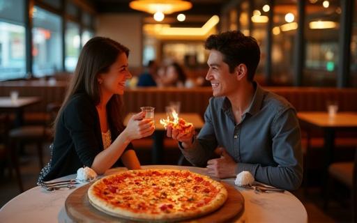 Couple enjoying artisan pizza in a modern restaurant interior